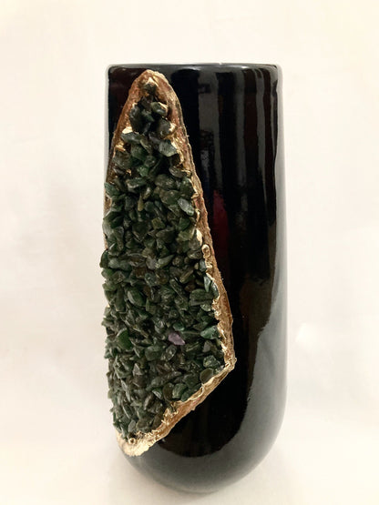 Black and Gold Ceramic Vase/Planter/Pot/Wine Goblet/Mug with Dark Green Semi-precious Agate Crystal Gemstones