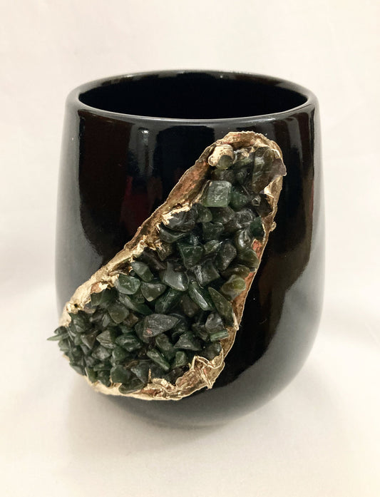 Black and Gold Ceramic Vase/Planter/Pot/Wine Goblet/Mug with Dark Green Semi-precious Agate Crystal Gemstones