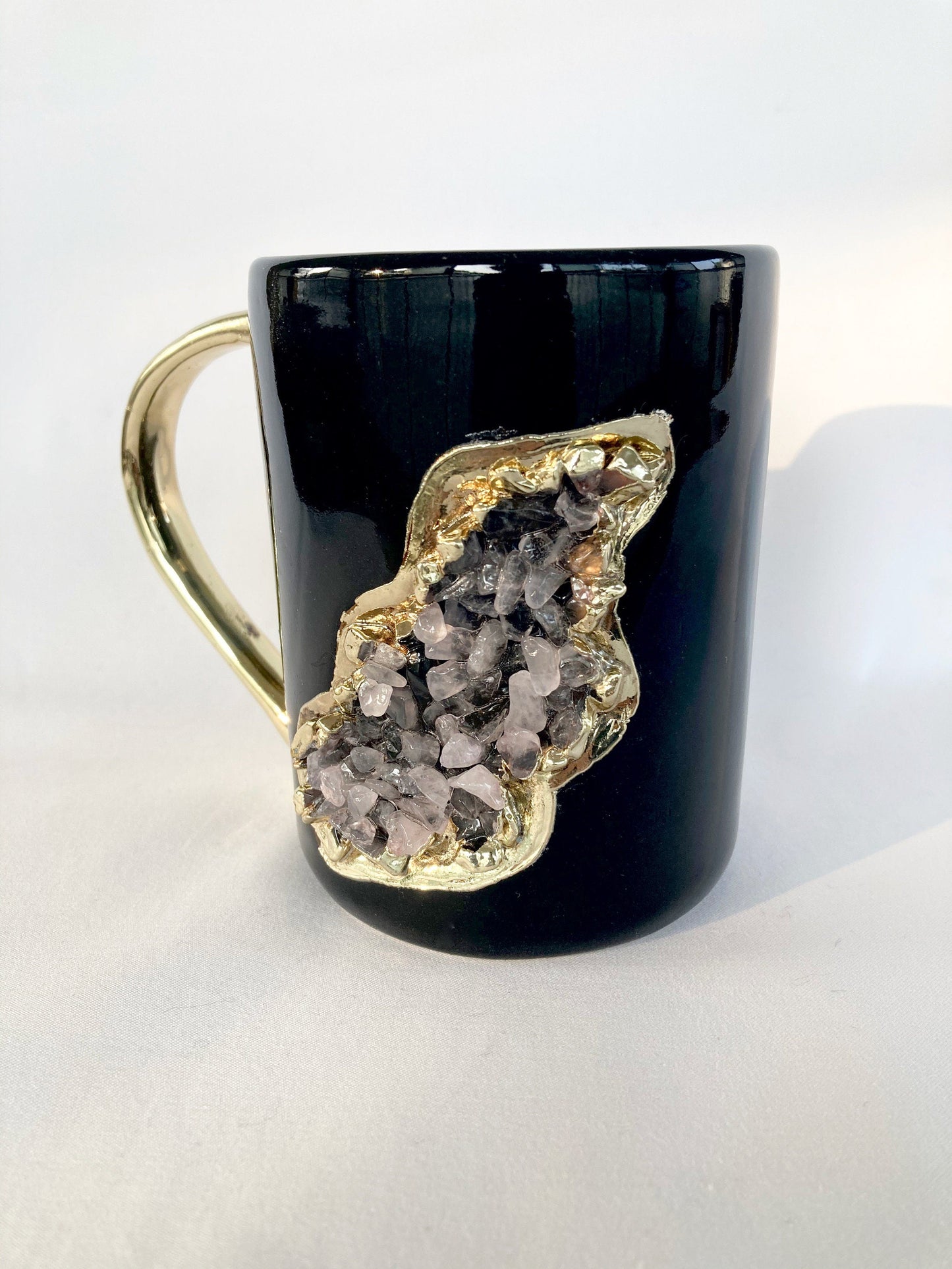 Set of 2 |Black and Gold Ceramic Big Coffee/Tea/Juice/Beverage Mug with Rose Quartz Semi-precious Agate Crystal | 12 oz/355 ml