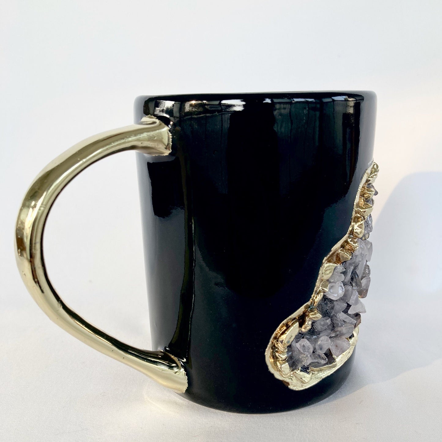 Set of 2 |Black and Gold Ceramic Big Coffee/Tea/Juice/Beverage Mug with Rose Quartz Semi-precious Agate Crystal | 12 oz/355 ml