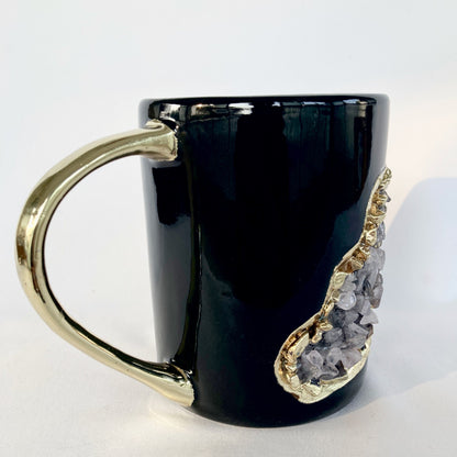 Set of 2 |Black and Gold Ceramic Big Coffee/Tea/Juice/Beverage Mug with Rose Quartz Semi-precious Agate Crystal | 12 oz/355 ml
