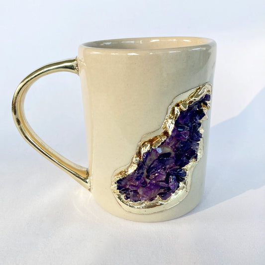 Set of 2 |Cream and Gold Ceramic Big Coffee/Tea/Juice/Beverage Mug with Amethyst Semi-precious Agate Crystal | 12 oz/355 ml