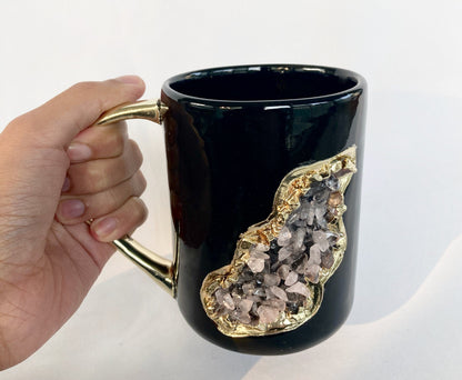 Set of 2 |Black and Gold Ceramic Big Coffee/Tea/Juice/Beverage Mug with Rose Quartz Semi-precious Agate Crystal | 12 oz/355 ml