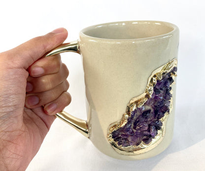 Set of 2 |Cream and Gold Ceramic Big Coffee/Tea/Juice/Beverage Mug with Amethyst Semi-precious Agate Crystal | 12 oz/355 ml