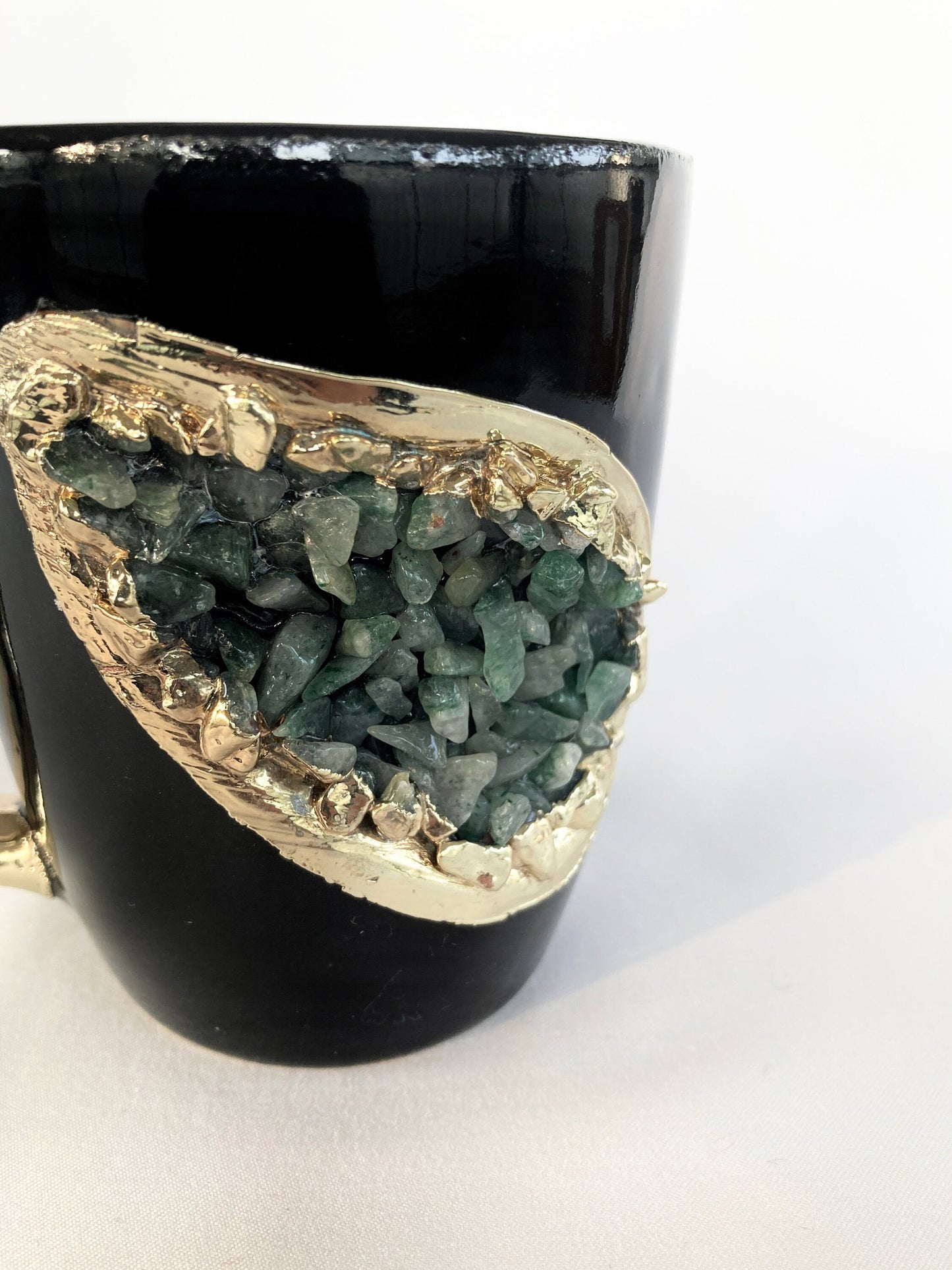 Set of 2 |Personalised Black and Gold Ceramic Coffee/Tea Mug with Light Green Semi-precious Agate Crystal Gemstones | 8 oz