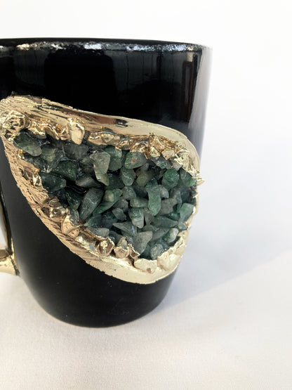 Set of 2 |Personalised Black and Gold Ceramic Coffee/Tea Mug with Light Green Semi-precious Agate Crystal Gemstones | 8 oz
