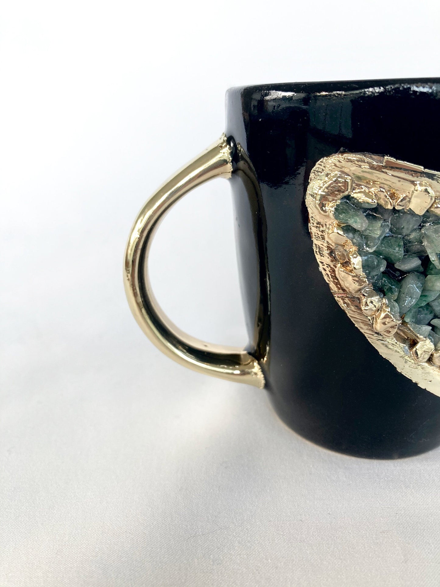 Set of 2 |Personalised Black and Gold Ceramic Coffee/Tea Mug with Light Green Semi-precious Agate Crystal Gemstones | 8 oz