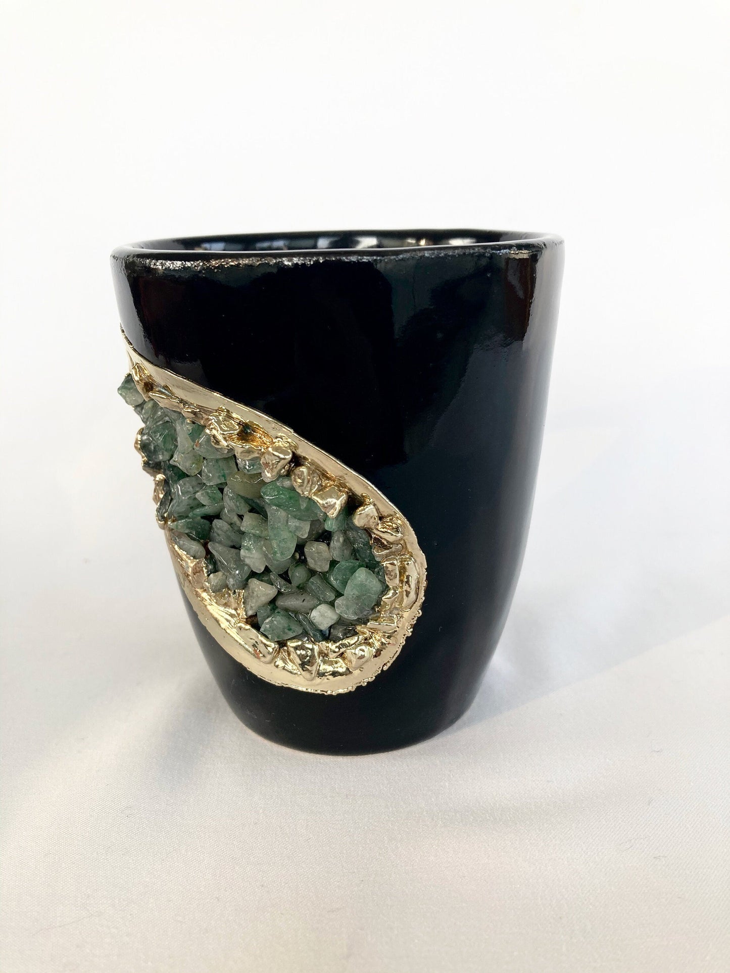 Set of 2 |Personalised Black and Gold Ceramic Coffee/Tea Mug with Light Green Semi-precious Agate Crystal Gemstones | 8 oz