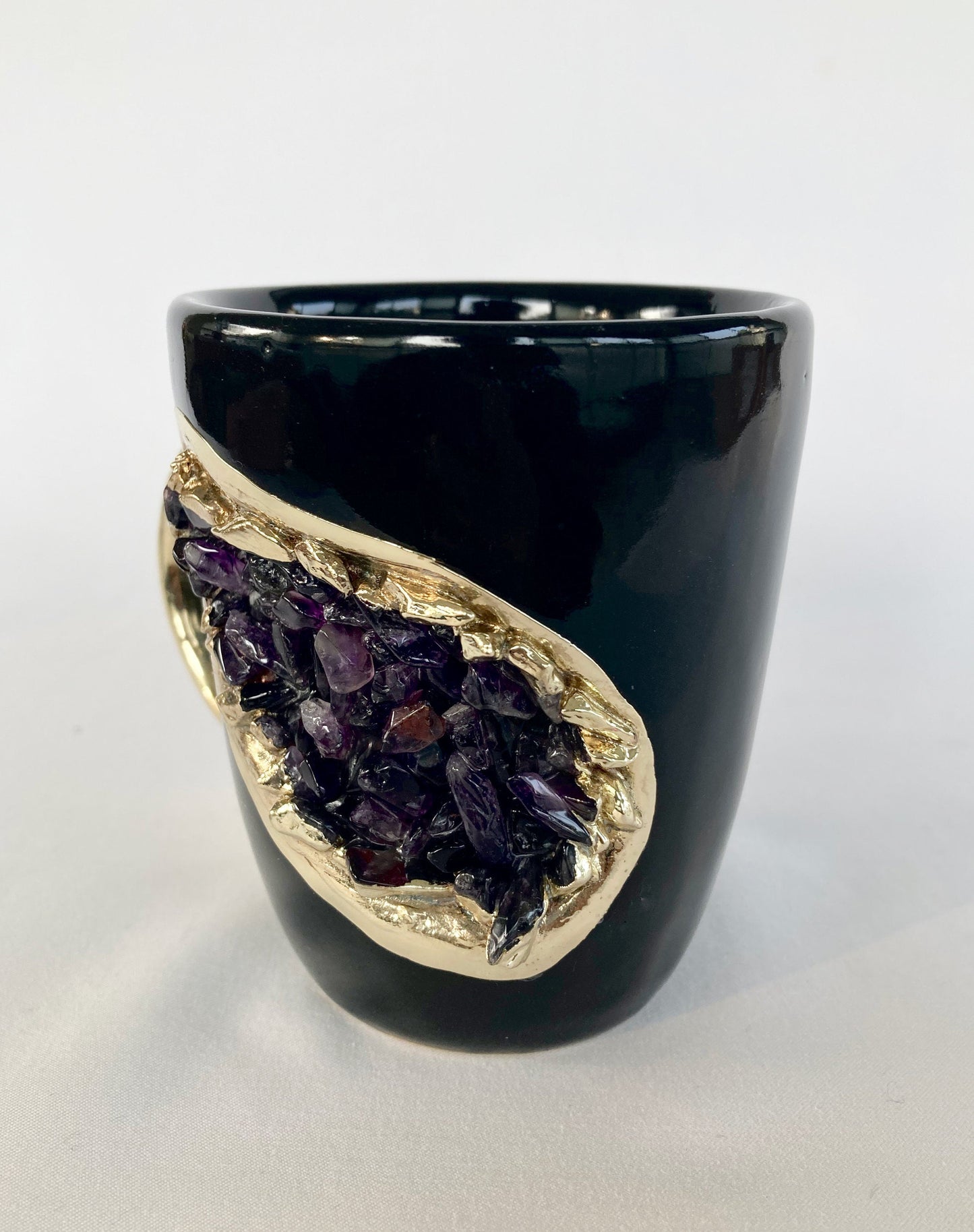 Set of 2 |Personalised Black and Gold Ceramic Coffee/Tea Mug with Amethyst Semi-precious Agate Crystal Gemstones | 8 oz