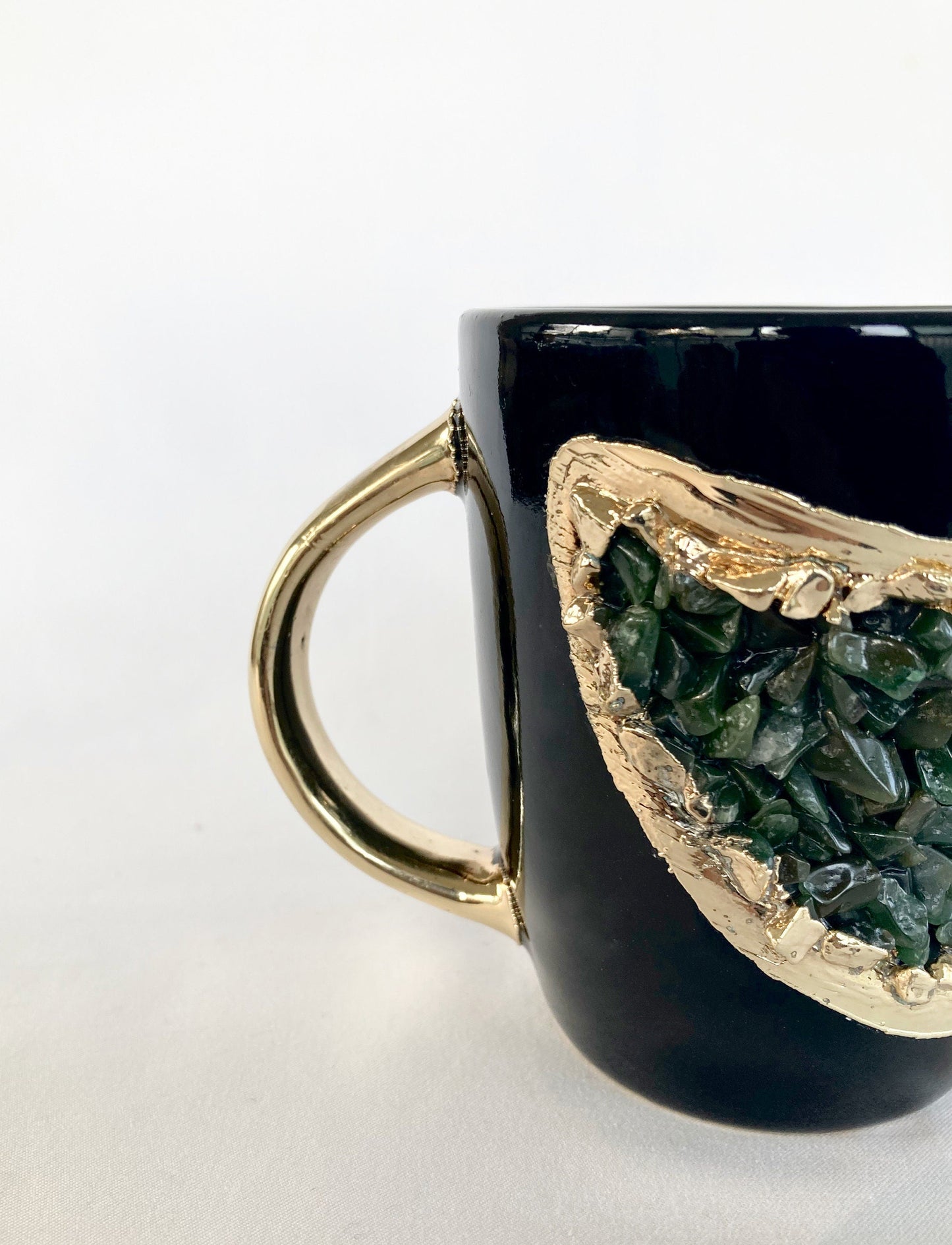 Set of 2 |Personalised Black and Gold Ceramic Coffee/Tea Mug with Dark Green Semi-precious Agate Crystal Gemstones | 8 oz