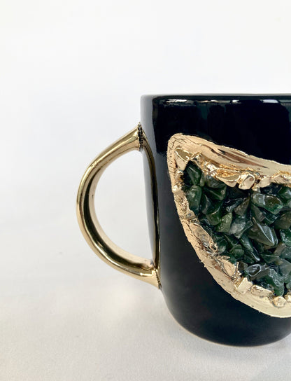 Set of 2 |Personalised Black and Gold Ceramic Coffee/Tea Mug with Dark Green Semi-precious Agate Crystal Gemstones | 8 oz