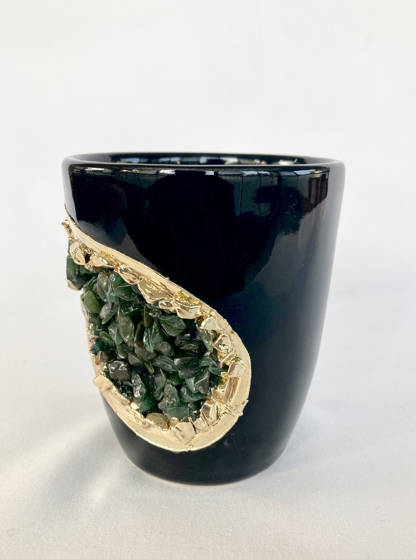 Set of 2 |Personalised Black and Gold Ceramic Coffee/Tea Mug with Dark Green Semi-precious Agate Crystal Gemstones | 8 oz