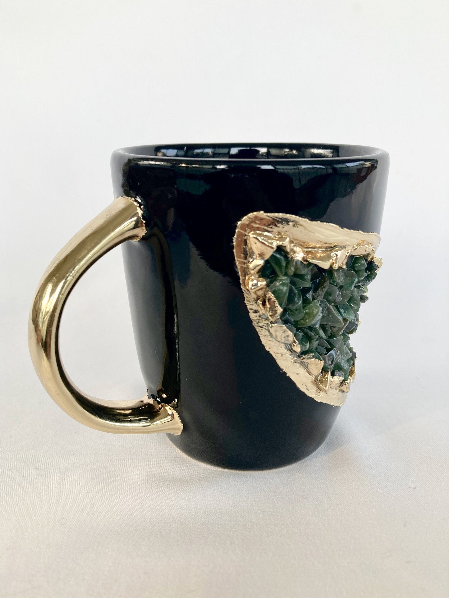 Set of 2 |Personalised Black and Gold Ceramic Coffee/Tea Mug with Dark Green Semi-precious Agate Crystal Gemstones | 8 oz