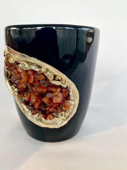 Set of 2 |Personalised Black and Gold Ceramic Coffee/Tea Mug with Red Semi-precious Agate Crystal Gemstones | 8 oz