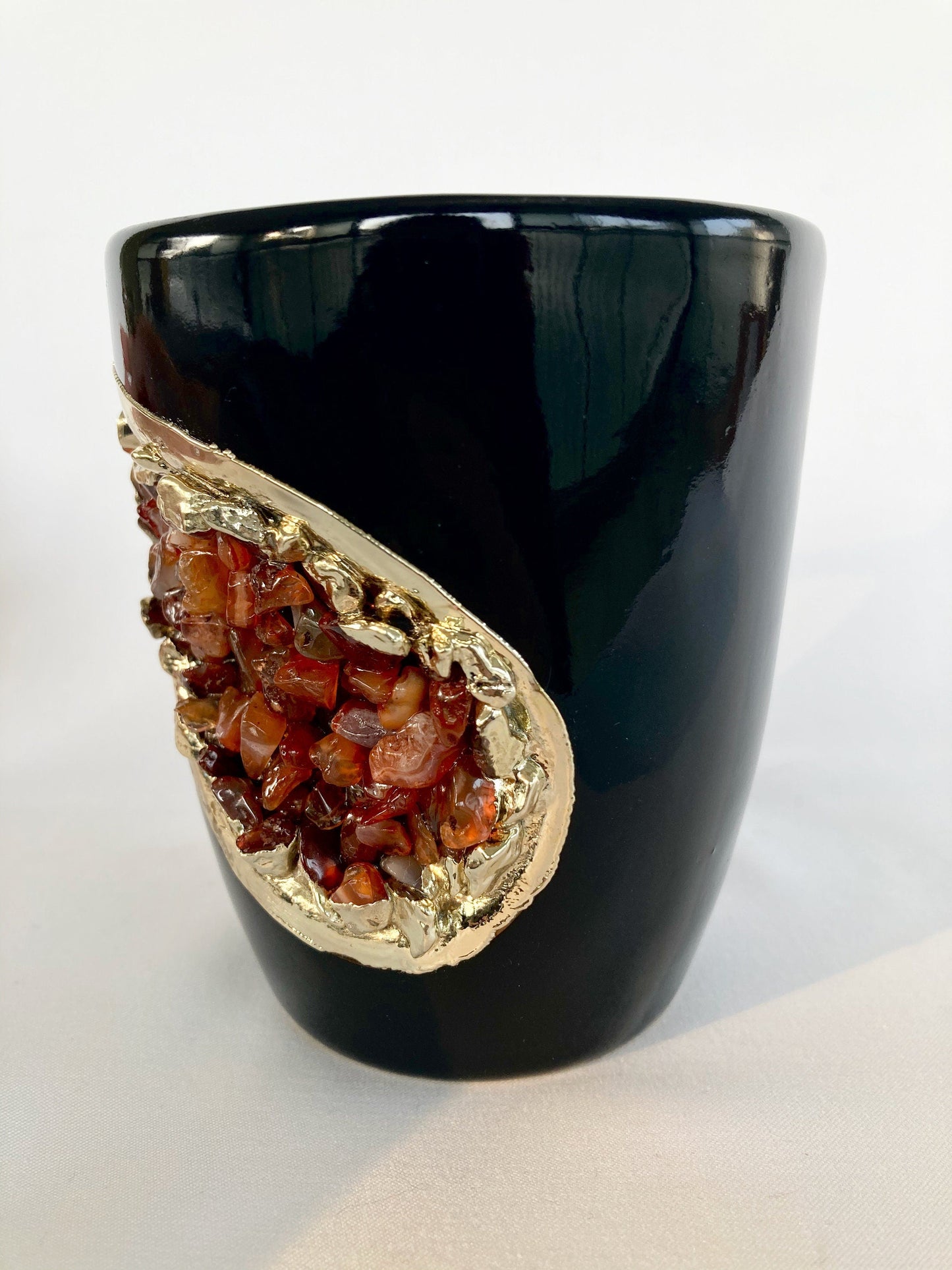 Set of 2 |Personalised Black and Gold Ceramic Coffee/Tea Mug with Red Semi-precious Agate Crystal Gemstones | 8 oz