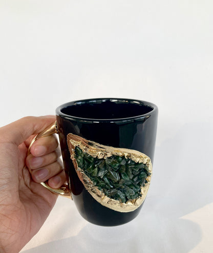 Set of 2 |Personalised Black and Gold Ceramic Coffee/Tea Mug with Dark Green Semi-precious Agate Crystal Gemstones | 8 oz