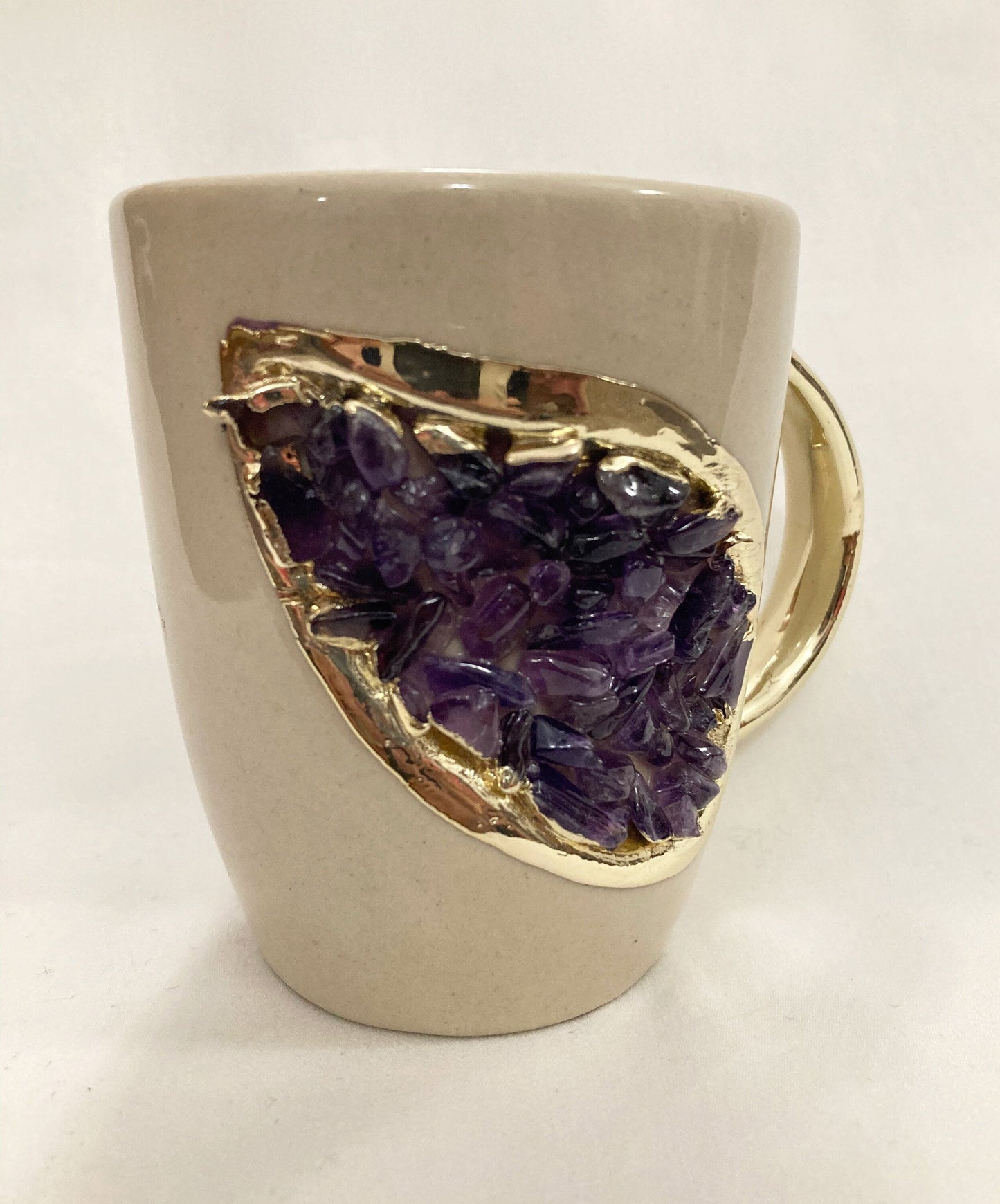 Set of 2 |Personalised Cream and Gold Ceramic Coffee/Tea Mug with Purple Semi-precious Agate Crystal Gemstones | 8 oz