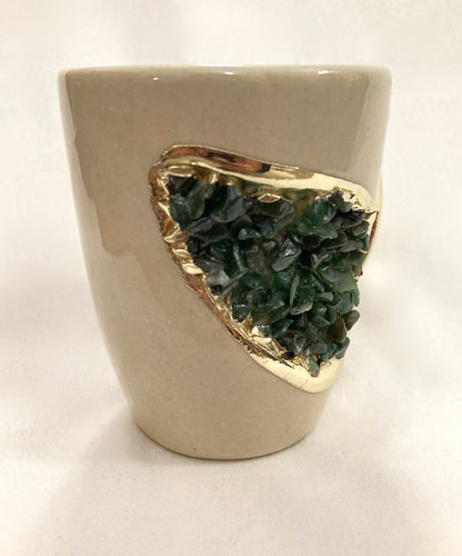 Set of 2 |Personalised Cream and Gold Ceramic Coffee/Tea Mug with Dark Green Semi-precious Agate Crystal Gemstones | 8 oz