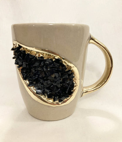 Set of 2 |Personalised Cream and Gold Ceramic Coffee/Tea Mug with Black Semi-precious Agate Crystal | 8 oz