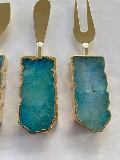 Set of 3 Aqua Agate Cheese Knives/Spreaders