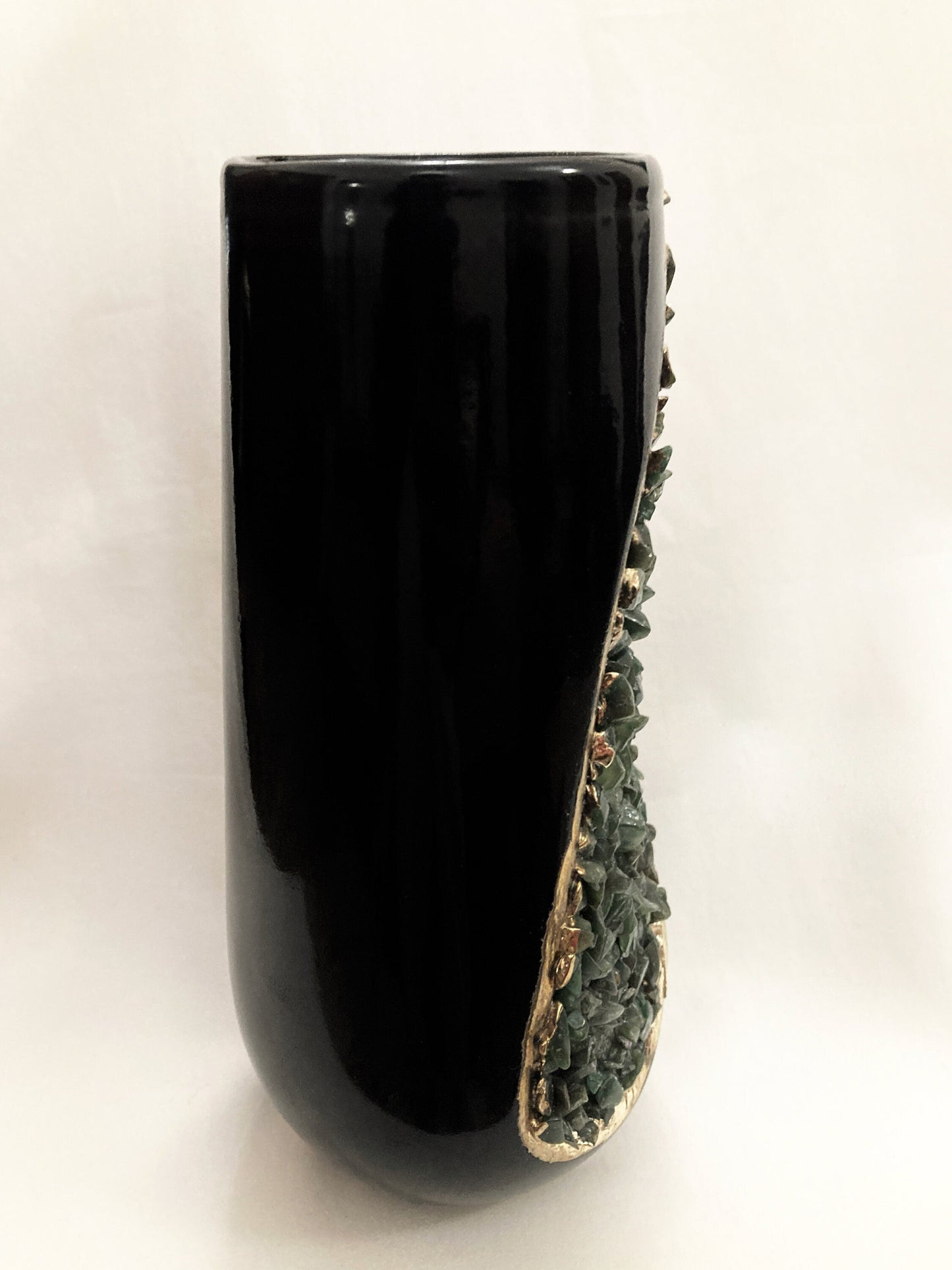 Black and Gold Ceramic Vase/Planter/Pot/Wine Goblet/Mug with Dark Green Semi-precious Agate Crystal Gemstones