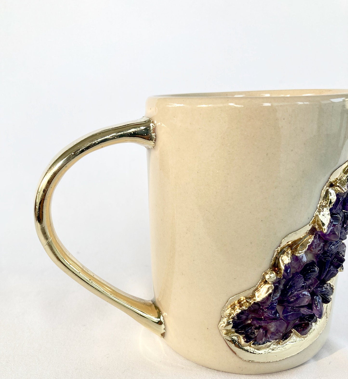 Set of 2 |Cream and Gold Ceramic Big Coffee/Tea/Juice/Beverage Mug with Amethyst Semi-precious Agate Crystal | 12 oz/355 ml