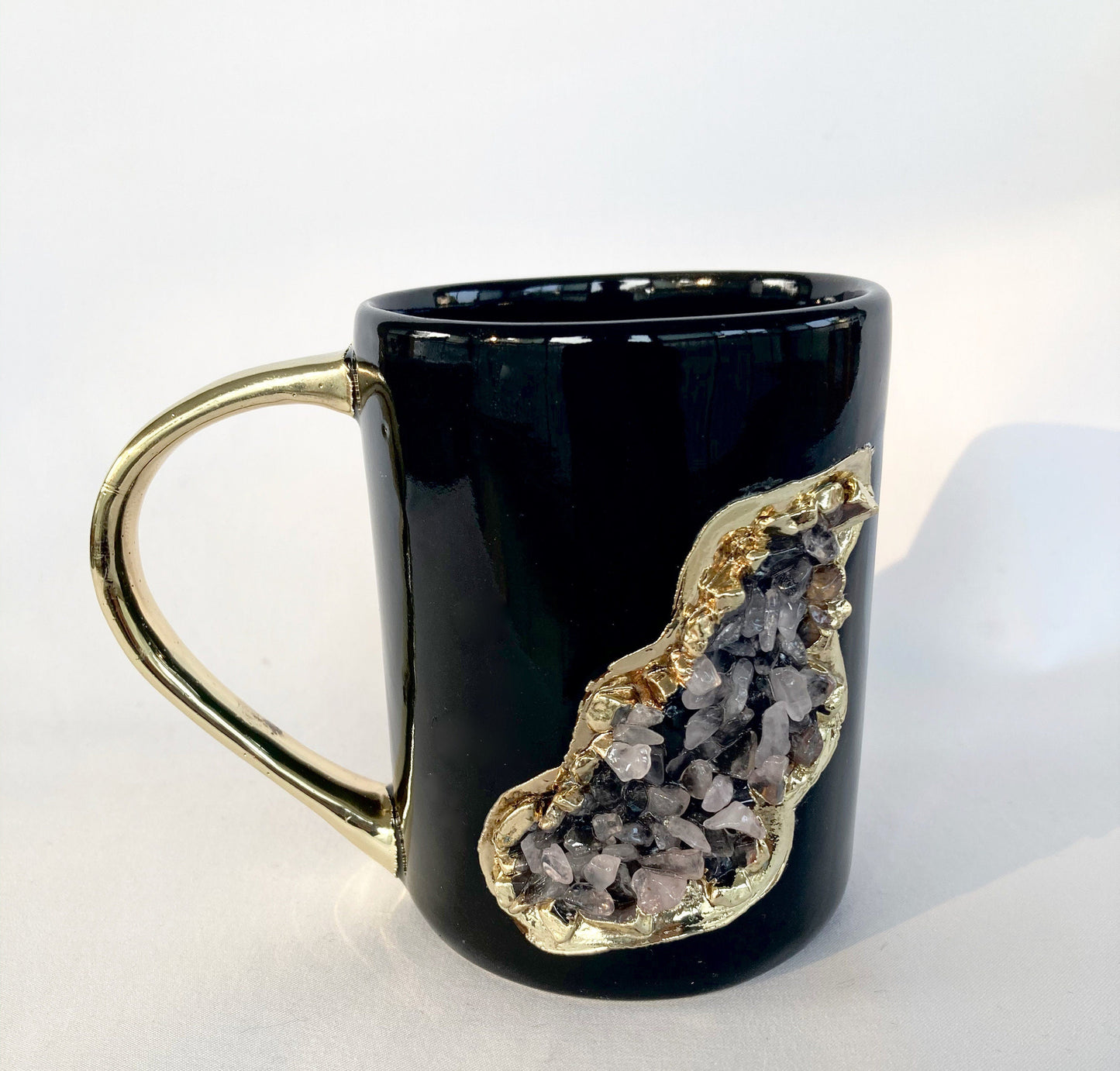Set of 2 |Black and Gold Ceramic Big Coffee/Tea/Juice/Beverage Mug with Rose Quartz Semi-precious Agate Crystal | 12 oz/355 ml