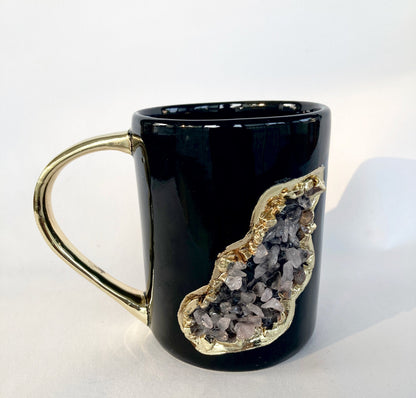 Set of 2 |Black and Gold Ceramic Big Coffee/Tea/Juice/Beverage Mug with Rose Quartz Semi-precious Agate Crystal | 12 oz/355 ml