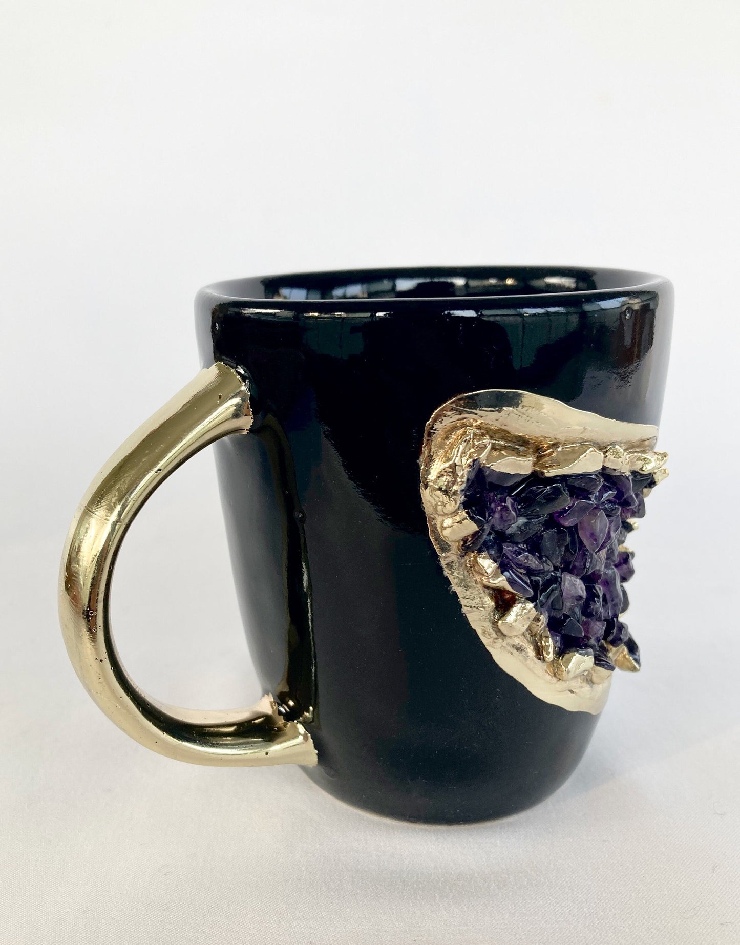 Set of 2 |Personalised Black and Gold Ceramic Coffee/Tea Mug with Amethyst Semi-precious Agate Crystal Gemstones | 8 oz