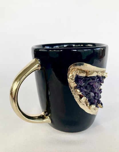 Set of 2 |Personalised Black and Gold Ceramic Coffee/Tea Mug with Amethyst Semi-precious Agate Crystal Gemstones | 8 oz