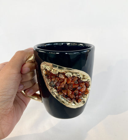 Set of 2 |Personalised Black and Gold Ceramic Coffee/Tea Mug with Red Semi-precious Agate Crystal Gemstones | 8 oz