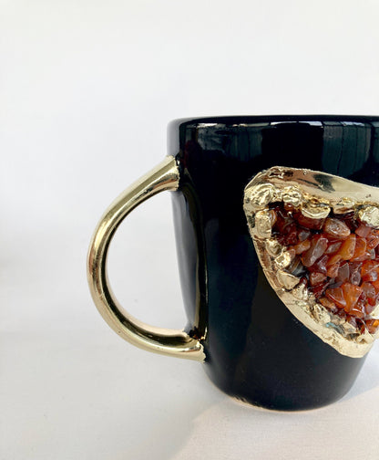 Set of 2 |Personalised Black and Gold Ceramic Coffee/Tea Mug with Red Semi-precious Agate Crystal Gemstones | 8 oz