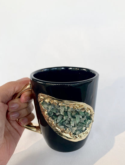 Set of 2 |Personalised Black and Gold Ceramic Coffee/Tea Mug with Light Green Semi-precious Agate Crystal Gemstones | 8 oz