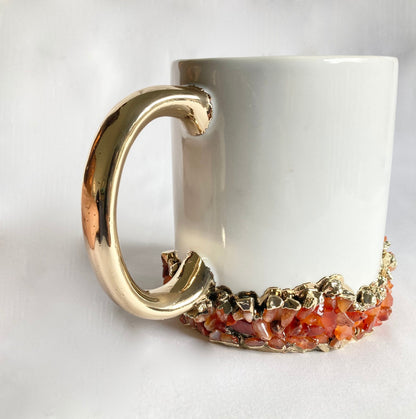 Set of 2 |Personalised White and Gold Ceramic Big Coffee/Tea/Juice/Beverage Mug with Red Semi-precious Agate Crystal Gemstones | 13 oz/385ml