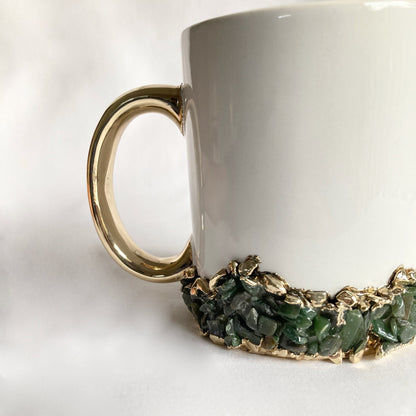 Set of 2| Personalised White ,Gold Ceramic Big Coffee/Tea/Juice/Beverage Mug, Dark Green Semi-precious Agate Crystal Gemstones | 13 oz/385ml