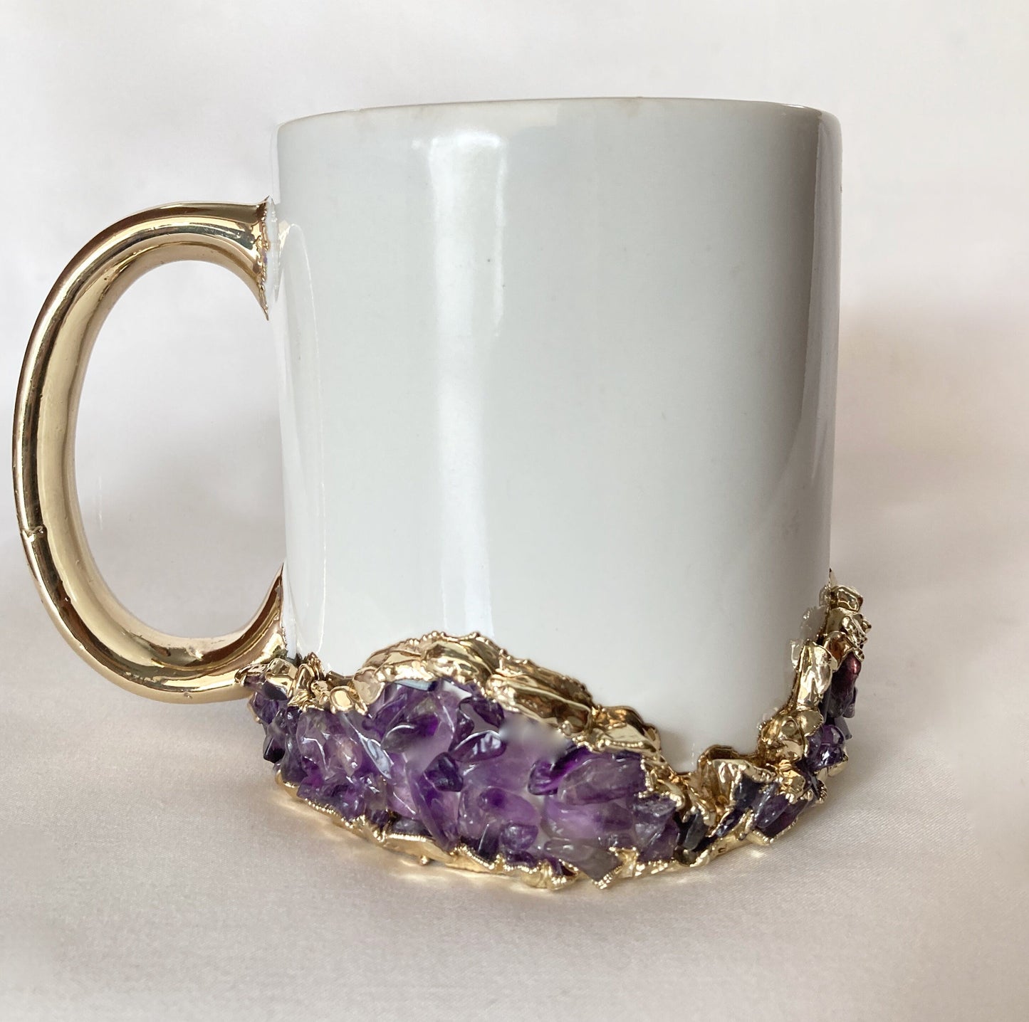 Set of 2 |Personalised White and Gold Ceramic Big Coffee/Tea/Juice Mug with Purple Amethyst Semi-precious Agate Crystal | 13 oz/385ml