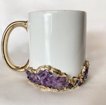 Set of 2 |Personalised White and Gold Ceramic Big Coffee/Tea/Juice Mug with Purple Amethyst Semi-precious Agate Crystal | 13 oz/385ml