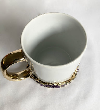 Set of 2 |Personalised White and Gold Ceramic Big Coffee/Tea/Juice Mug with Purple Amethyst Semi-precious Agate Crystal | 13 oz/385ml