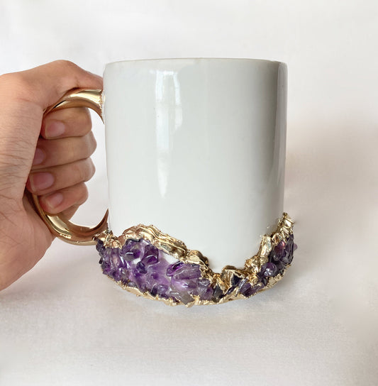 Set of 2 |Personalised White and Gold Ceramic Big Coffee/Tea/Juice Mug with Purple Amethyst Semi-precious Agate Crystal | 13 oz/385ml