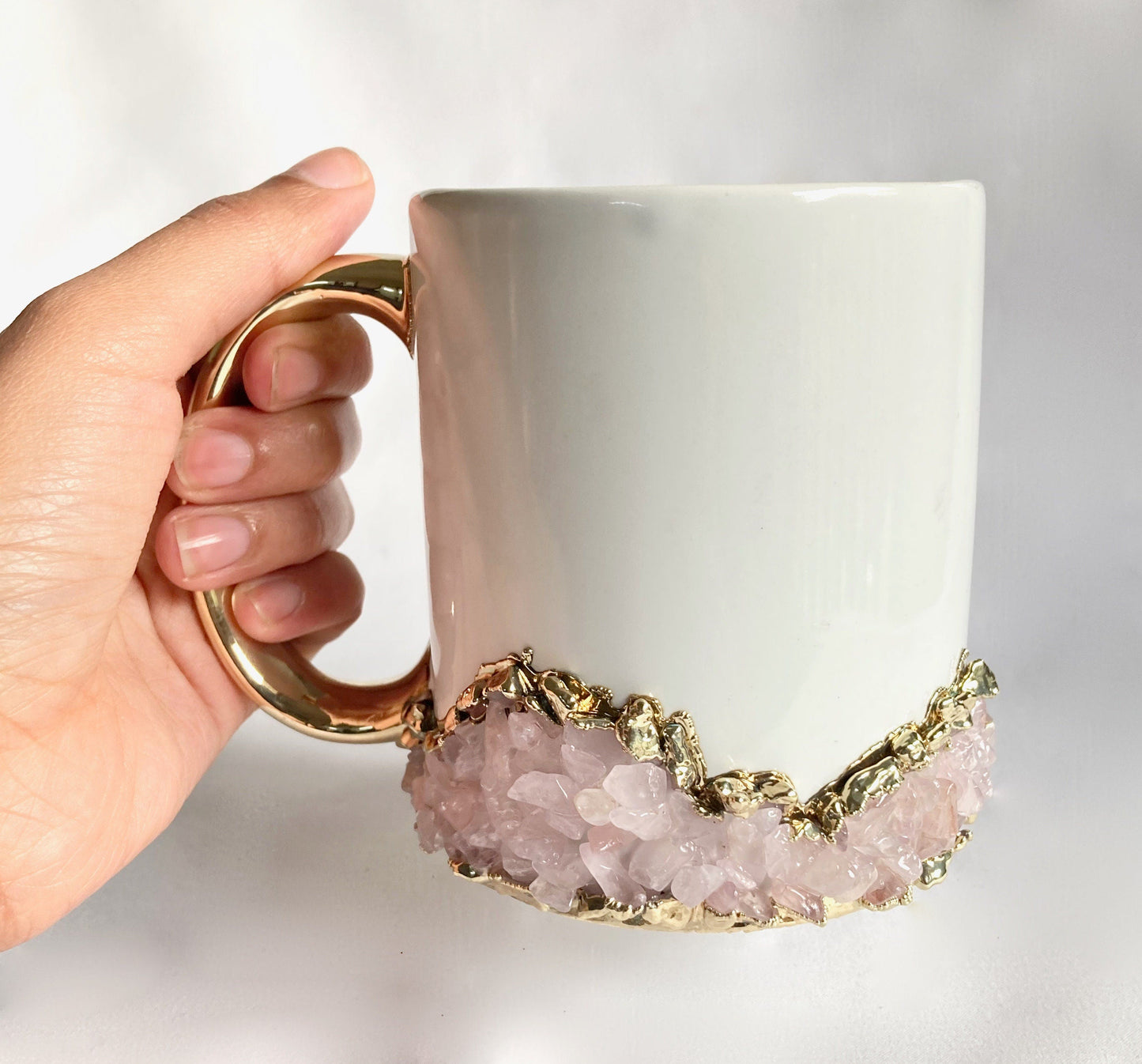 Set of 2 |Personalised White and Gold Ceramic Big Coffee/Tea/Juice/Beverage Mug with Rose Quartz Semi-precious Agate Crystal | 13 oz/385ml