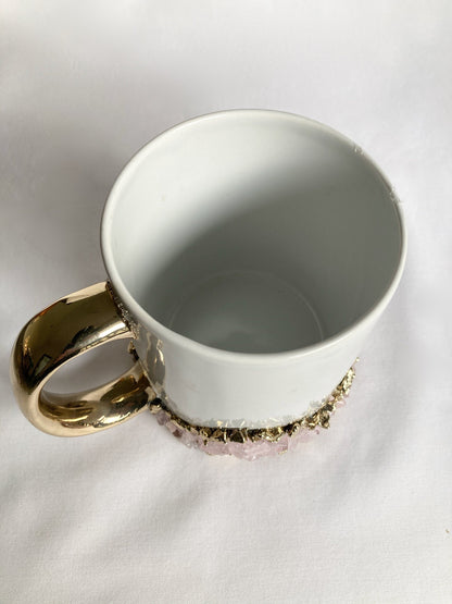 Set of 2 |Personalised White and Gold Ceramic Big Coffee/Tea/Juice/Beverage Mug with Rose Quartz Semi-precious Agate Crystal | 13 oz/385ml