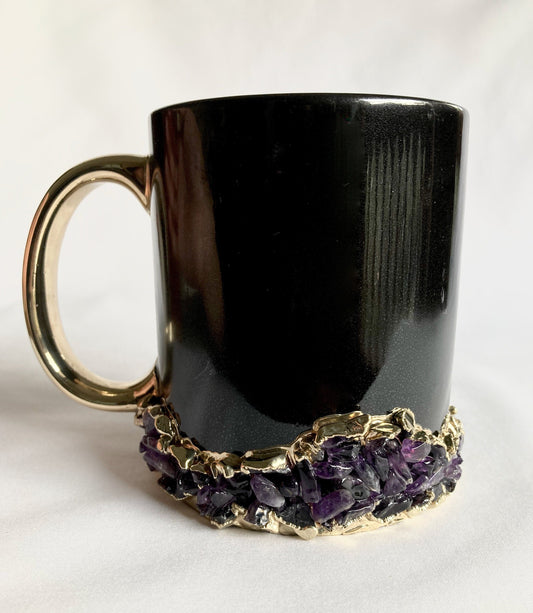 Set of 2 |Personalised Black ,Gold Ceramic Big Coffee/Tea/Juice Mug with Purple Amethyst Semi-precious Agate Crystal Gemstones | 13 oz/385ml