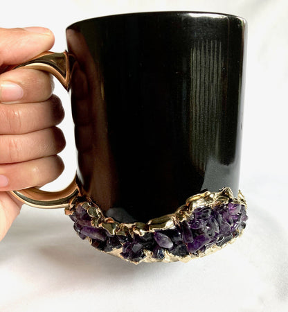 Set of 2 |Personalised Black ,Gold Ceramic Big Coffee/Tea/Juice Mug with Purple Amethyst Semi-precious Agate Crystal Gemstones | 13 oz/385ml