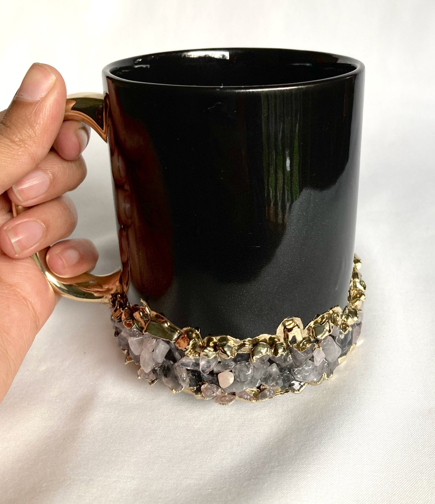Set of 2| Personalised Black, Gold Ceramic Big Coffee/Tea/Juice/Beverage Mug,Rose Quartz Semi-precious Agate Crystal Gemstones | 13 oz/385ml