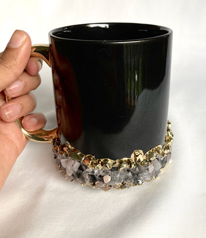 Set of 2| Personalised Black, Gold Ceramic Big Coffee/Tea/Juice/Beverage Mug,Rose Quartz Semi-precious Agate Crystal Gemstones | 13 oz/385ml