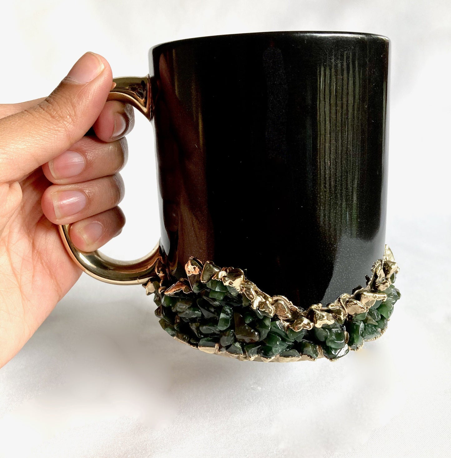 Set of 2 |Personalised Black and Gold Ceramic Big Coffee/Tea/Juice/Beverage Mug with Dark Green Semi-precious Agate Crystal | 13 oz/385ml