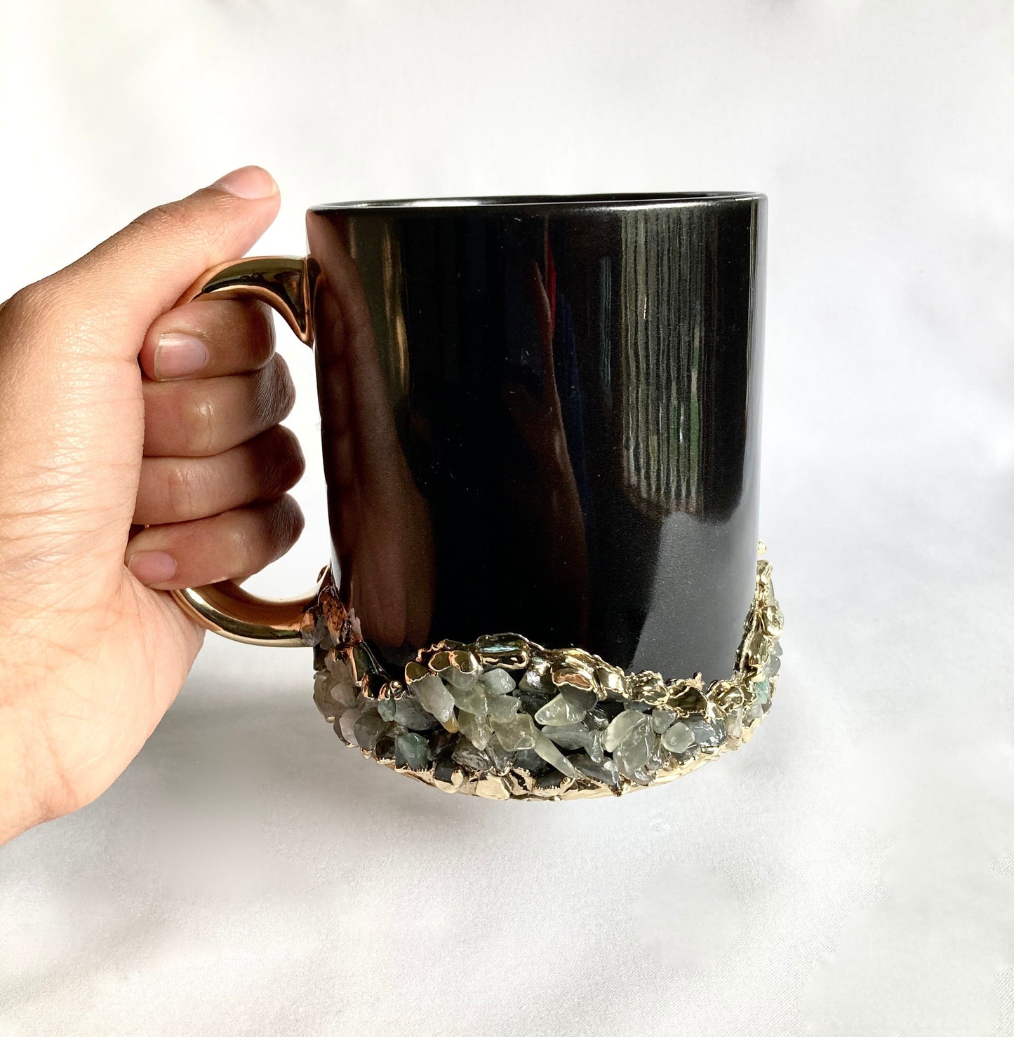Set of 2 |Personalised Black and Gold Ceramic Big Coffee/Tea/Juice/Beverage Mug with Light Green Semi-precious Agate Crystal | 13 oz/385ml