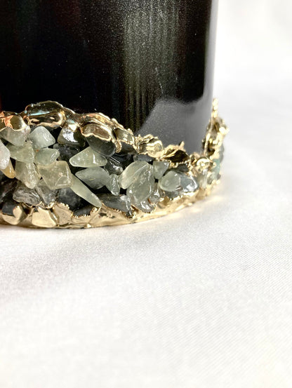 Set of 2 |Personalised Black and Gold Ceramic Big Coffee/Tea/Juice/Beverage Mug with Light Green Semi-precious Agate Crystal | 13 oz/385ml