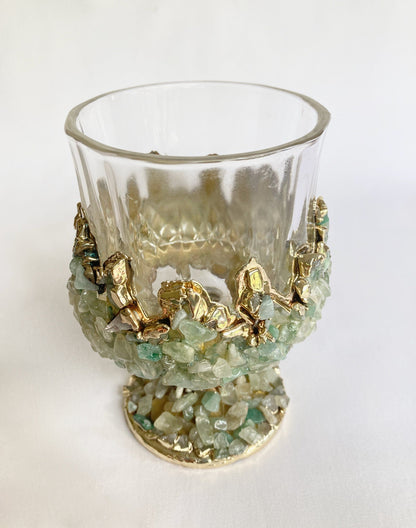 Set of 2 |Crystal Wine Glasses with Gold Plated Light Green Agate/Quartz Semi-precious Crystals | 7 oz/210 ml