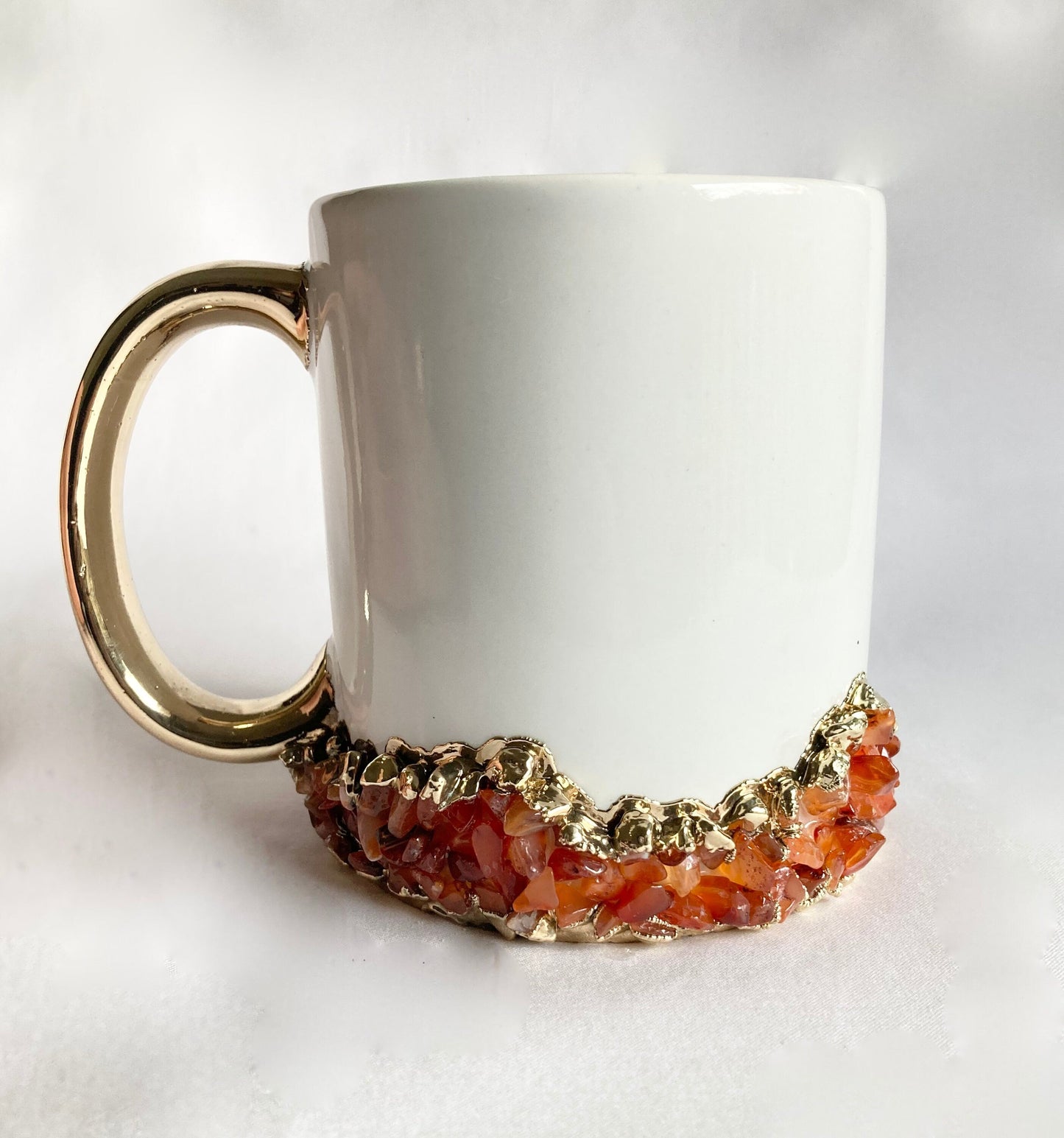 Set of 2 |Personalised White and Gold Ceramic Big Coffee/Tea/Juice/Beverage Mug with Red Semi-precious Agate Crystal Gemstones | 13 oz/385ml